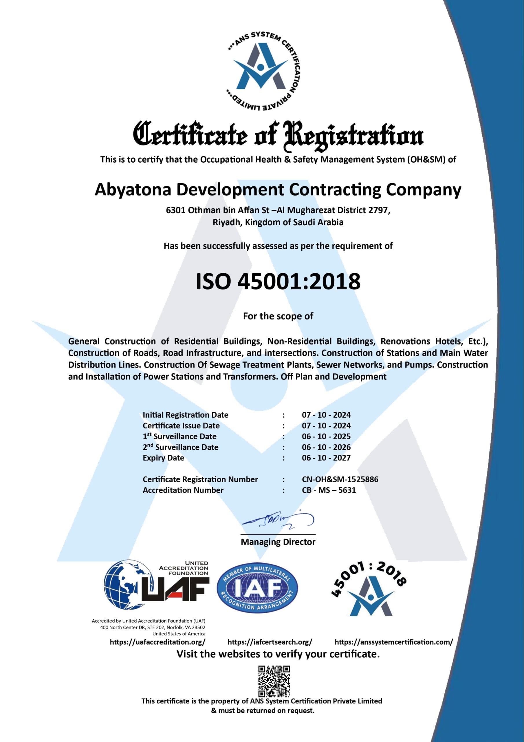 Abyatona Development Contracting Company 45001 2018 Certificate - Occupational Health & Safety Management System